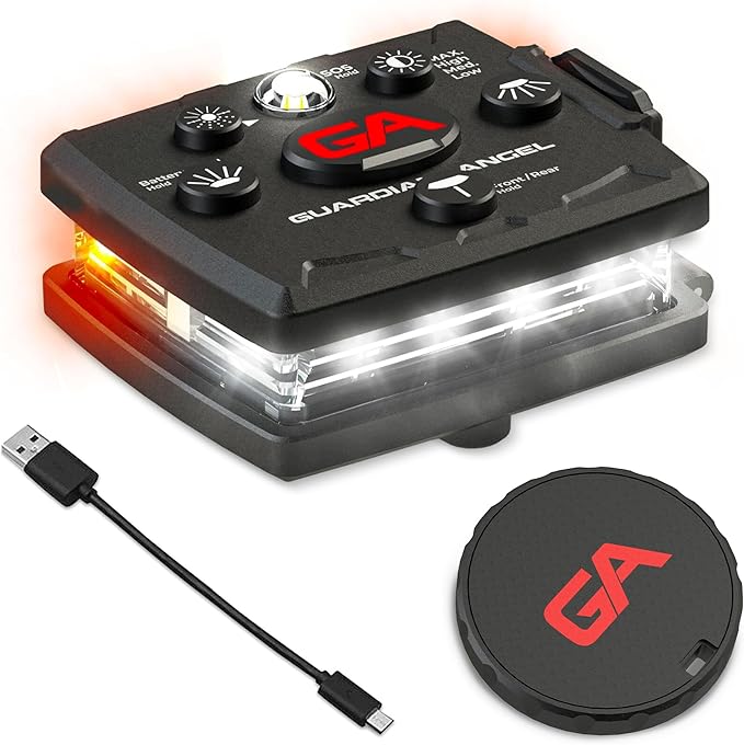 Guardian Angel Micro Series Safety Lights, (All White Front & Orange Rear) | Rechargeable, Magnetic & Hands-Free Wearable LED Flashlight for Dog Walking, Cycling, Hiking, Camping & Fishing