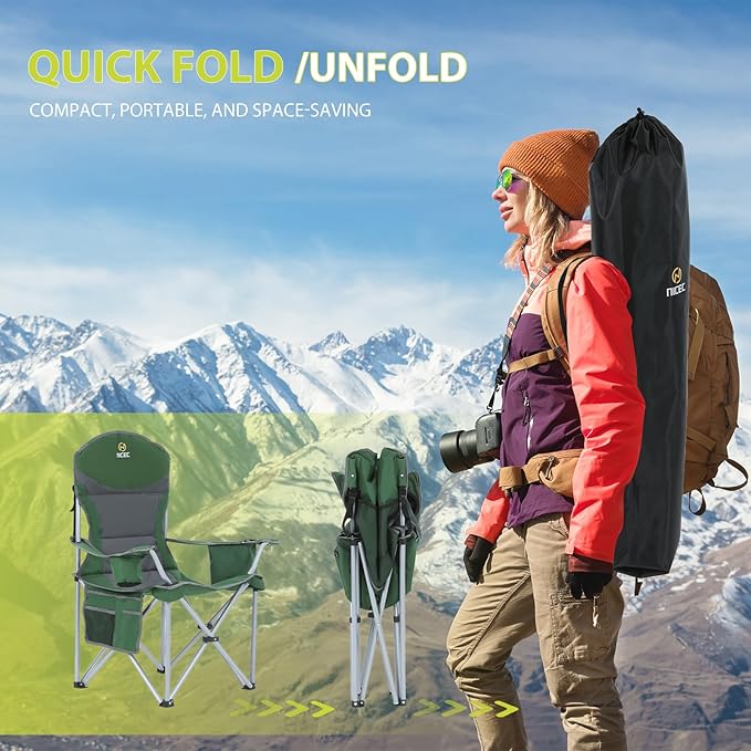 Nice C Camping Chair, Portable Chair, Lawn Chairs, Outdoor Chairs, with Armrest, Cooler Bag, Cup Holder, Side Pocket, for Camping, Traveling, Picnic (Green&Grey 1-Pack)
