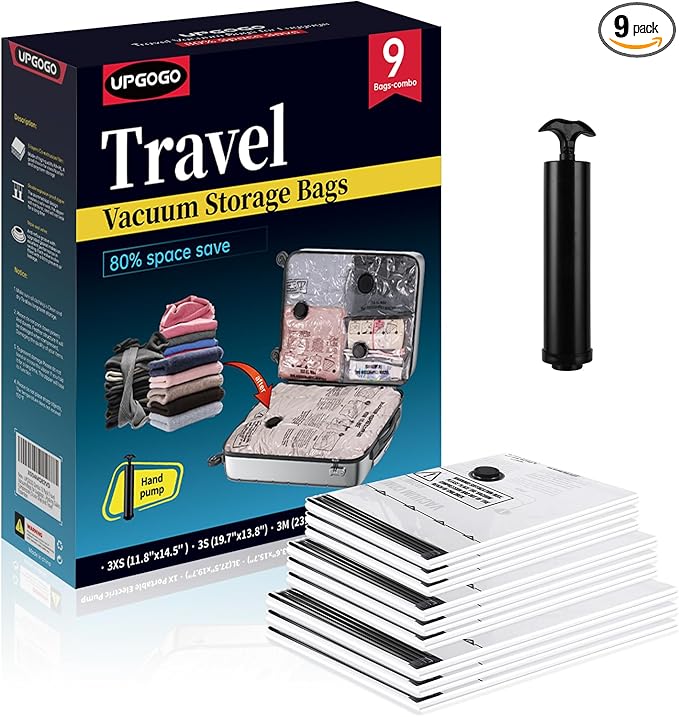 Travel Vacuum Bags for Luggage with Hand Pump,Vacuum Seal Bags for Clothing,Packing Cubes Compression,Cruise Ship and Travel Essentials(Combo 9 Pack)