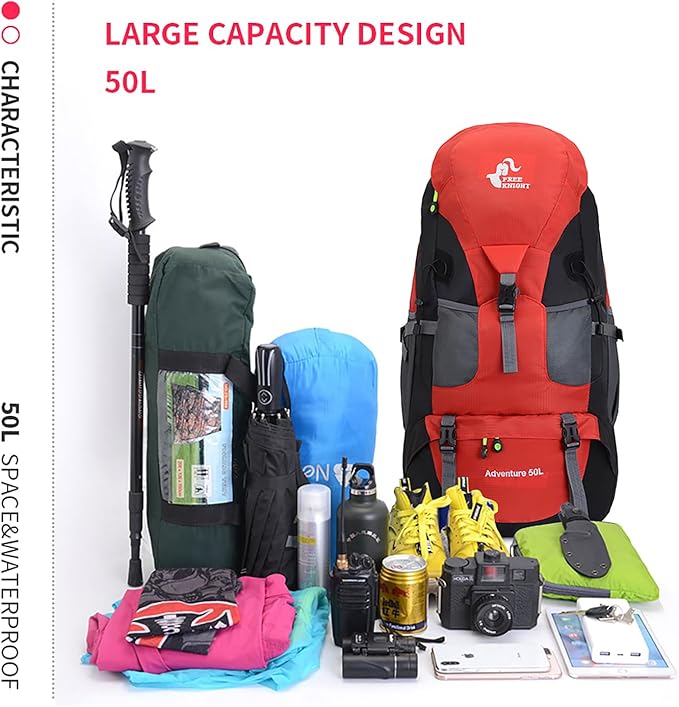 Bseash 50L Hiking Backpack, Water Resistant Lightweight Outdoor Sport Daypack Travel Bag for Camping Climbing Skiing Cycling (Red - No Shoe Compartment)