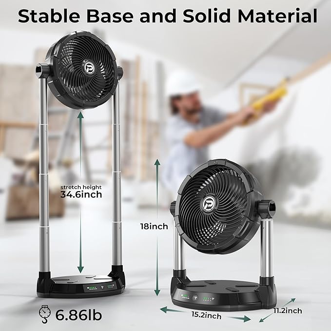 PANERGY Portable Battery Fan for Outdoors-40000mAh Rechargeable Battery, 4-Speed Fan,34.6" Height Adjustable,180° Pivoting Head & Dual Extendable rod for Camping/Beach/Patio/Jobsite/Workshop