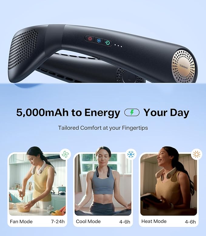 TORRAS COOLiFY Air 2025 Upgraded Neck Fan Air Conditioner, Dual-Airflow Pro Cooling, Ultra Light Portable Fan Rechargeable, Personal Cooling Fan Travel Essentials, Gifts for Dad Husband Father, Black