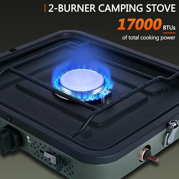 2 Burner Propane Camping Stove with Grill and Carrying Bag, Portable Folding Camp Stove with 17,000 BTU Adjustable Burners for Backpacking, Picnics, Outdoor Cooking