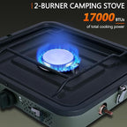 2 Burner Propane Camping Stove with Grill and Carrying Bag, Portable Folding Camp Stove with 17,000 BTU Adjustable Burners for Backpacking, Picnics, Outdoor Cooking