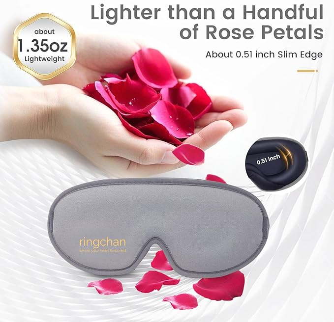 ringchan Complete Blackout 3D Sleep Mask – Contoured & Zero-Pressure Eye Cover for Sleep, Travel & Office Nap – Soft, Hair-Friendly Adjustable Strap – Slate Gray
