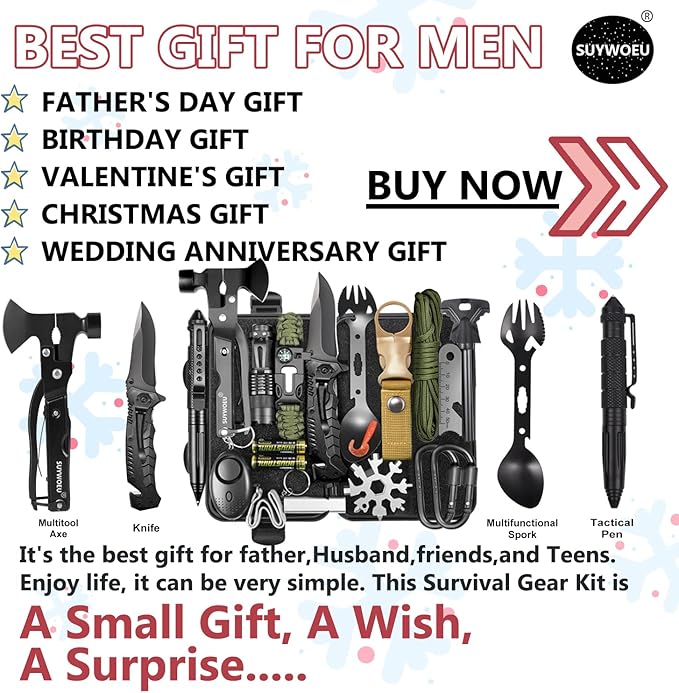 Gifts for Men Dad Husband Fathers Day, Survival Gear and Equipment kit 21 in 1, Professional Cool Gadgets Stuff Tactical Tool, Gift Ideas for Him Son Daughter Emergency Hunting Outdoors Camping Hiking