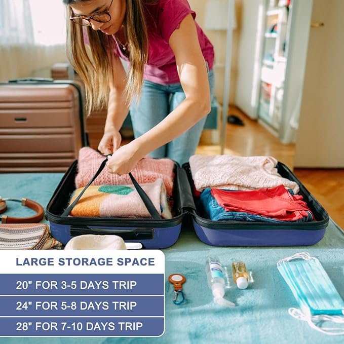 Kono 3 Piece Luggage Sets Expandable(only 28") Lightweight with Spinner Wheels TSA Lock Hardside Travel Rolling Suitcases 20in 24in 28in Carry on Navy