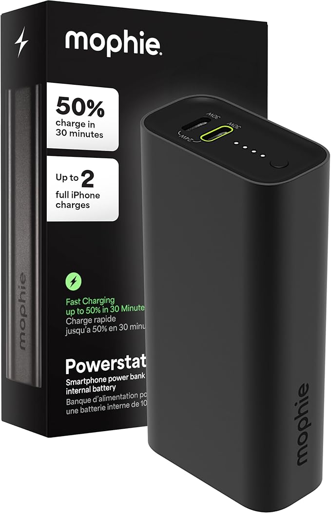 Mophie Powerstation 10,000mAh Power Bank (Gen 3) – Ultra-Fast USB-C PD, 30W Output, Charges 2 Devices, Up to 2 Phone Charges, LED Indicator, Compact & Portable, Premium Anodized Aluminum Body, Black