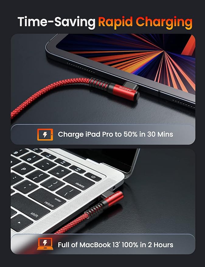 AINOPE USB C Cable 60W 2-Pack 10ft Nylon Braided USB C to USB C Cable Type C Charger Fast Charging Right Angle USBC Cable Charger Cord for iPhone 16 Pro Max 15 Plus Samsung S24 S23 iPad Pro Red