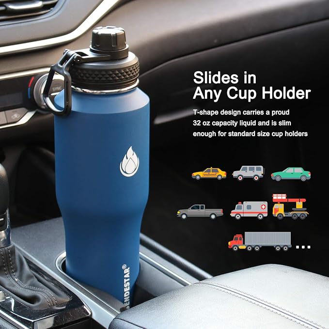 SENDESTAR Water Bottle 32oz,2 Lids(Straw lid),Wide Mouth Stainless Steel Vacuum Insulated Double Wall Keep Liquids Cold or Hot All Day,Sweat Proof Sport Design,Fit Car Cup Holder(Cobalt)