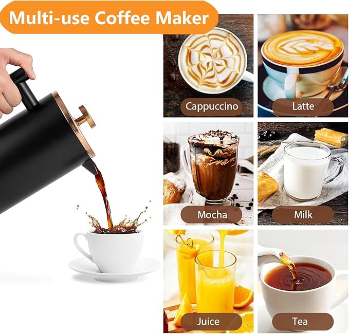 1500ml French Press Coffee Maker, Double Wall 304 Stainless Steel Insulated Cafetiere Coffee Press with 3 Layer Filter, Large Capacity Coffee Brewer for Home Camping Office