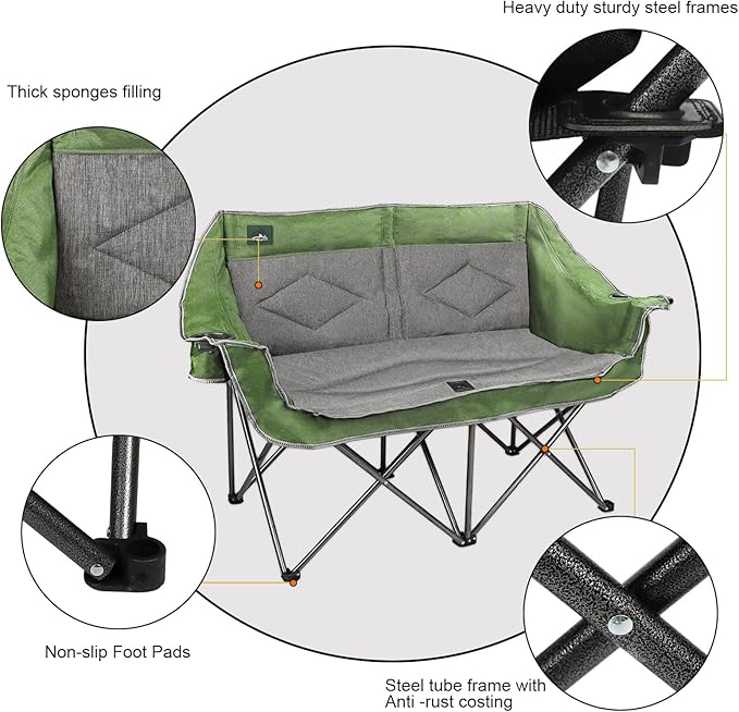 Northroad Folding Loveseat Camping Chair Portable Double Duo Full Padded Garden Chair for 2 Person Sofa w/ 2 Cup Holder,Wine Glass Holder,Mesh Storage,Support 600lbs for Picnic Beach Travel (Green)