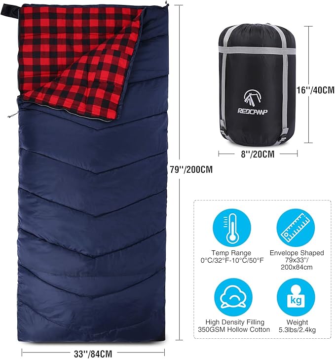 REDCAMP Cotton Flannel Sleeping Bag for Camping Backpacking, Adults Cold Weather Envelope Sleeping Bags with 2/3/4/6lbs Filling