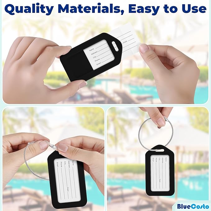 BlueCosto - Luggage Tags - Black, 10 Pack - Suitcase Tags with Name ID Card & Heavy-Duty Metal Wire Loops - Bright Colored PVC Identifiers for Travel Baggage - Backpack Name Labels