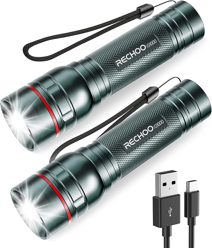Rechargeable Flashlights High Lumens, G1000 Super Bright Flash Light 2 Pack, Small Zoomable LED Flashlight with 3 Lighting Modes, Portable Flashlight for Camping Essentials (Battery Included)-Grey
