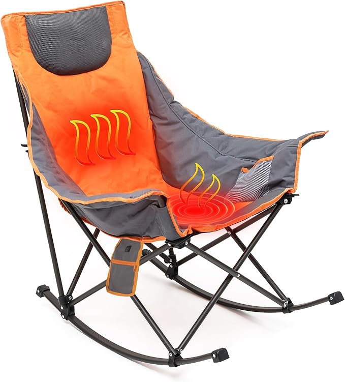 SUNNYFEEL Oversized Heated Camping Chair, Folding Rocking Camping Chairs with Luxury Padded Recliner,Carry Bag, 300 LBS Heavy Duty for Lawn/Outdoor/Picnic/Patio, Portable Rocker Camp Chair
