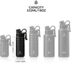IDEUS Insulated Stainless Steel Water Bottle with 2 Leak-Proof Lids, Thermal Water Flask for Hiking Biking, 18oz, Black