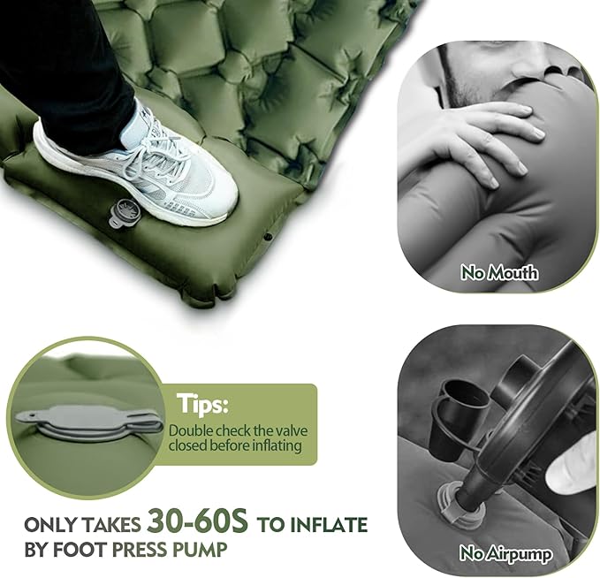 Camping Sleeping Pad, Ultralight Camping Mat with Pillow Built-in Foot Pump Inflatable Sleeping Pads Compact for Camping Backpacking Hiking Traveling Tent (Green, Single)