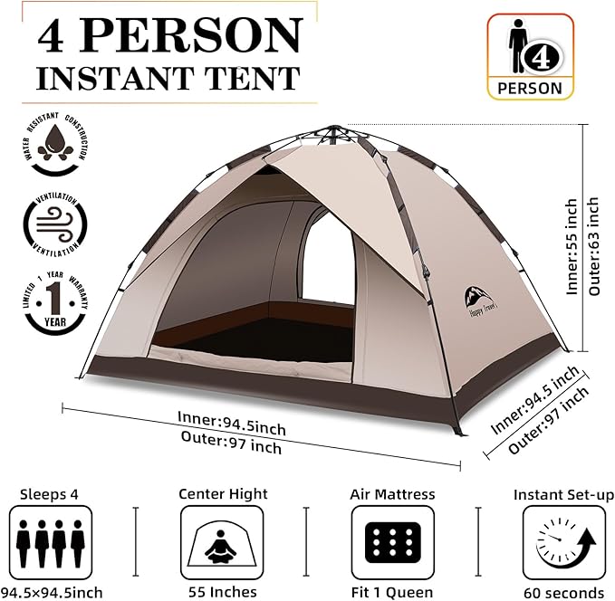 Happy Travel 1/2/3/4 Person Camping Tent, Instant Easy Pop Up Tents for Camping,Automatic Waterproof Family Camping Tent, Easy Set Up Tent,Portable Windproof Dome Tent for Camping Hiking & Traveling