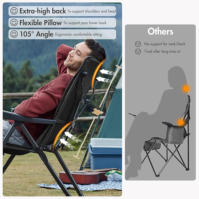 Portal Reclining Camping Chair with Adjustable Back Folding Camp Recliner for Adults Portable High Back Oversized, 400LBS (Black)