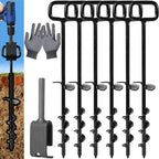 16In Tent Stakes with 6PCS Heavy Duty Adapter, Screw Ground Anchors, Tree Straightening Kit, Mobile Home Anchors (Black)