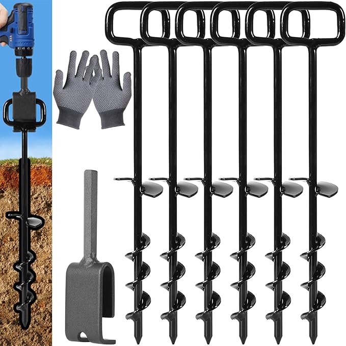 16In Tent Stakes with 6PCS Heavy Duty Adapter, Screw Ground Anchors, Tree Straightening Kit, Mobile Home Anchors (Black)
