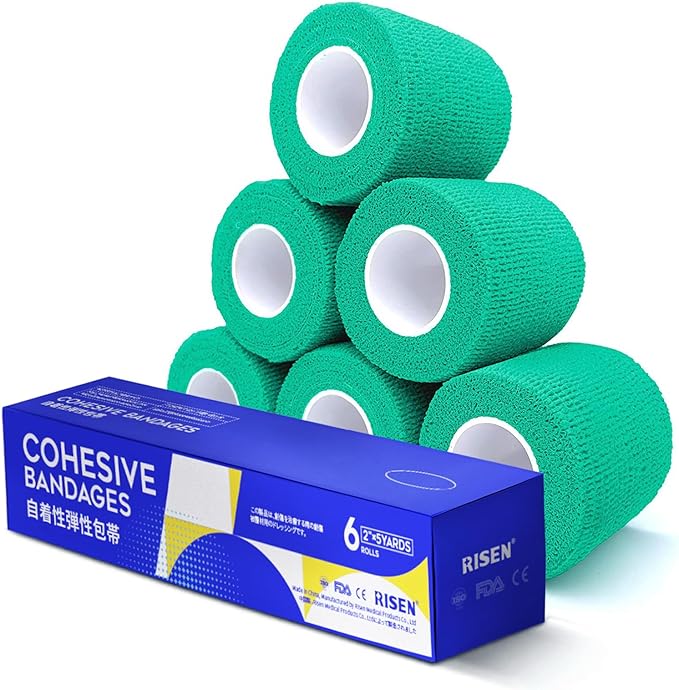 RISEN Cohesive Bandage 2” x 5 Yards, 6 Rolls, Self Adherent Wrap Medical Tape, Adhesive Flexible Breathable First Aid Gauze Ideal for Stretch Athletic