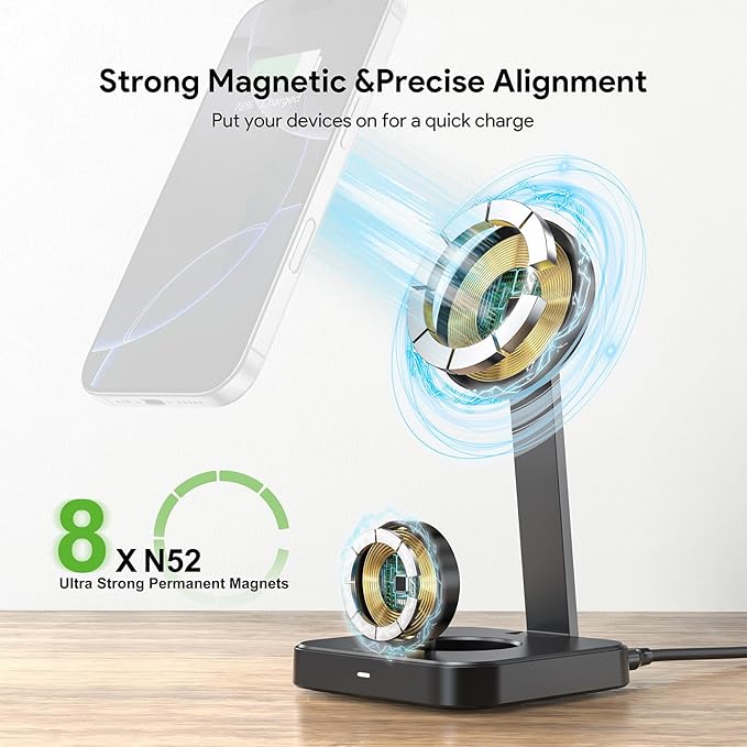Esoulk 2 in 1 Wireless Charger for iPhone & Watch, 15W Fast Charging for Phone & 5W for Watch, Magnetic Wireless Charger Stand, Compact Foldable Charging Station for Travel