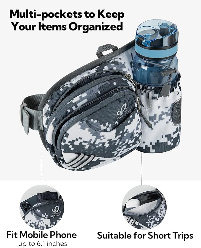 WATERFLY Fanny Pack Waist Bag: Waist Pack for Women Men with Water Bottle Holder Hiking Fanny Pack for Running Walking DogWalking Travel Cycling