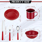 Nuogo 48 Pcs Enamel Camping Tableware Includes 12 oz Coffee Mugs 10.5 Inch Camping Plates 6 Inch Bowls and Utensils Set Includes Knife Fork Spoon for Outdoor RV(Red)