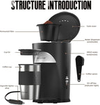 Portable Coffee Maker for Travel Camping Car, Ground Coffee Machine Single Serve with 10 oz Travel Mug for Traveling, RV, Office, Home and Dorm, 12V, Black