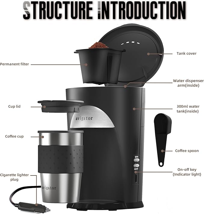 Portable Coffee Maker for Travel Camping Car, Ground Coffee Machine Single Serve with 10 oz Travel Mug for Traveling, RV, Office, Home and Dorm, 12V, Black