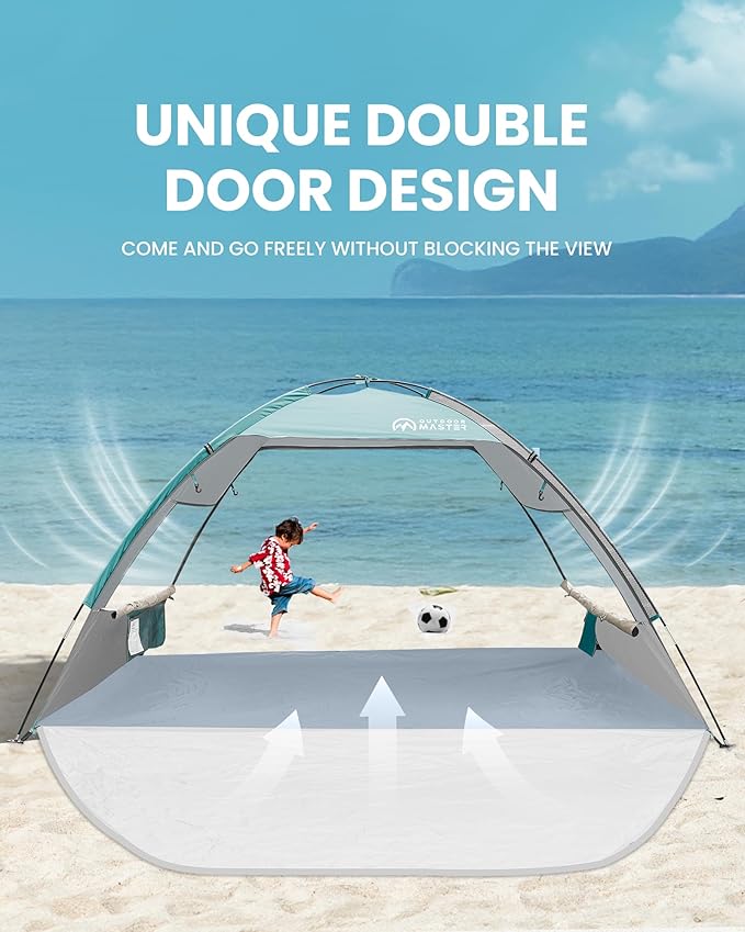 OutdoorMaster Beach Tent Sun Shelter with 2 Ventilated Doors, UPF50+ Easy Setup Beach Tent Canopy for 3 Person, Lightweight & Portable Family Beach Umbrellas for Sand with Carrying Bag-Cancun Seashore