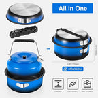 Odoland 5pcs Camping Cookware Non-Stick Camping Pot and Pan Set with Kettle and Removable Handle for Hiking Backpacking and Picnic