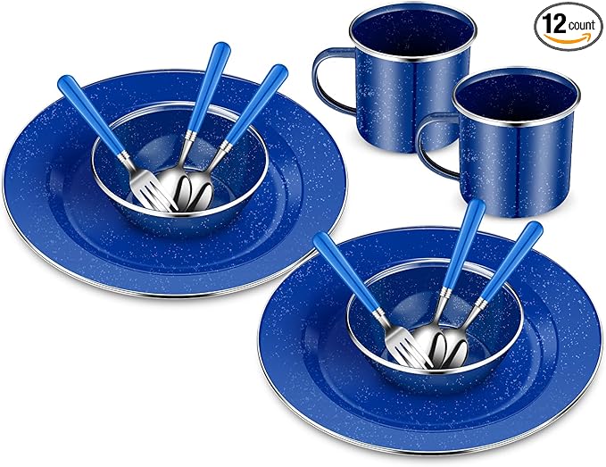 Nuogo 12 Pcs Enamel Camping Tableware Set Dinnerware Kit Includes 12 oz Coffee Mugs Camping Plates Bowls and Utensils Set with Knife Fork Spoon for 2 People Hiking Picnic Outdoor