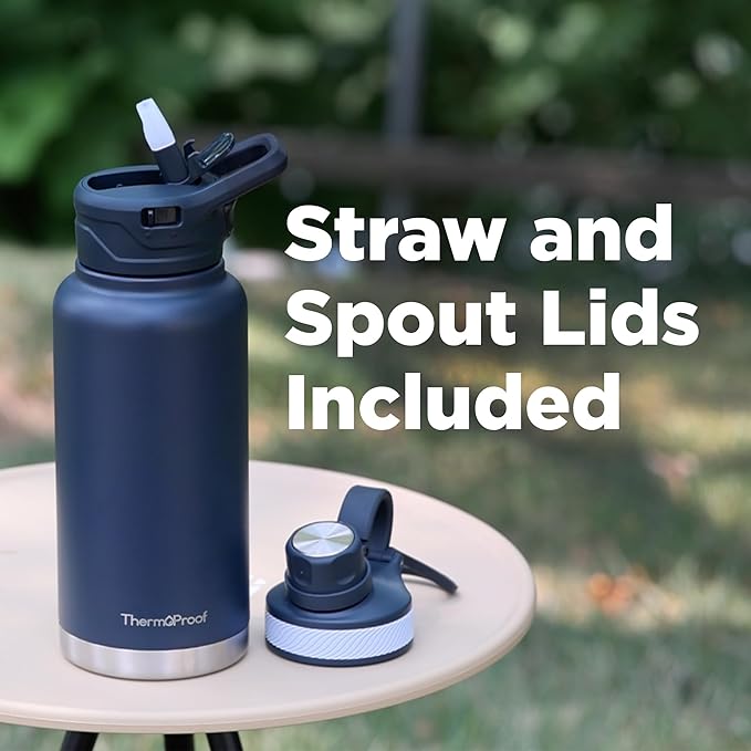 ThermoProof Double-Walled Vacuum Insulated Stainless Steel Water Bottle - Wide Mouth Canteen, Spout & Straw Lids, Dishwasher Safe, Reusable, Leakproof, Hot & Cold for Men, Women & Kids - 32oz, Taupe