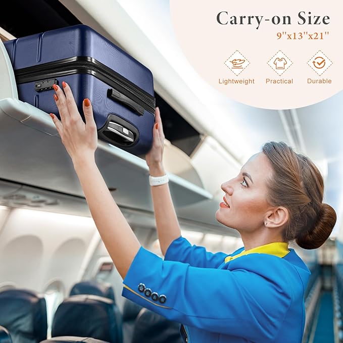 Sweetcrispy Carry on Luggage, Hard Shell ABS Suitcase with Double Spinner Wheels, Lightweight Expandable Rolling Suit Case with TSA Lock, 20 Inch Navy Blue