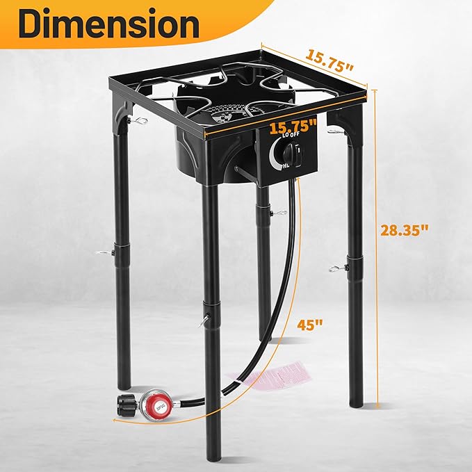 Outdoor Camping Stove, 130000 BTU, High Pressure Single Burner, Propane Gas Cooker with Detachable Legs, 30 PSI Regulator