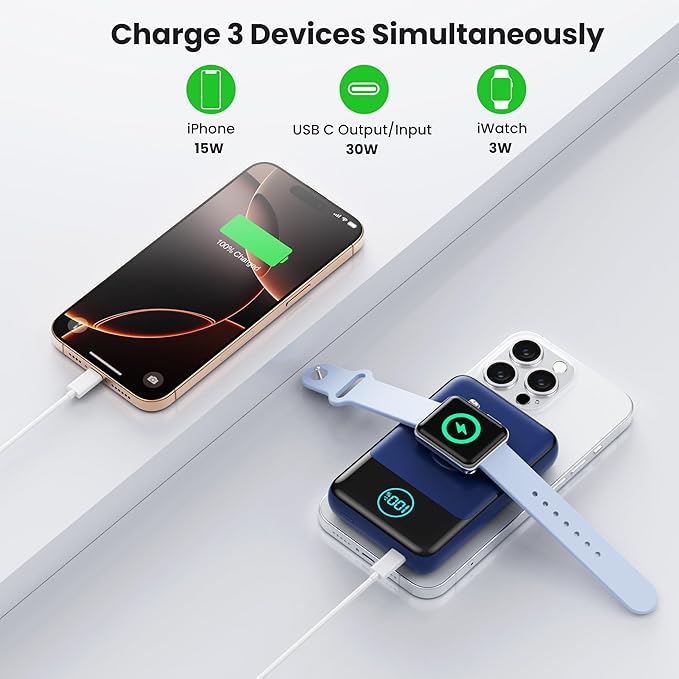 Magnetic Portable Charger for iPhone, 3-in-1 10800mAh Qi2 15W Wireless Power Bank with iWatch Charger,30W PD Fast Charging USB-C LCD Display Battery Pack for Magsafe,iPhone 16/15/14/13/12, Apple Watch