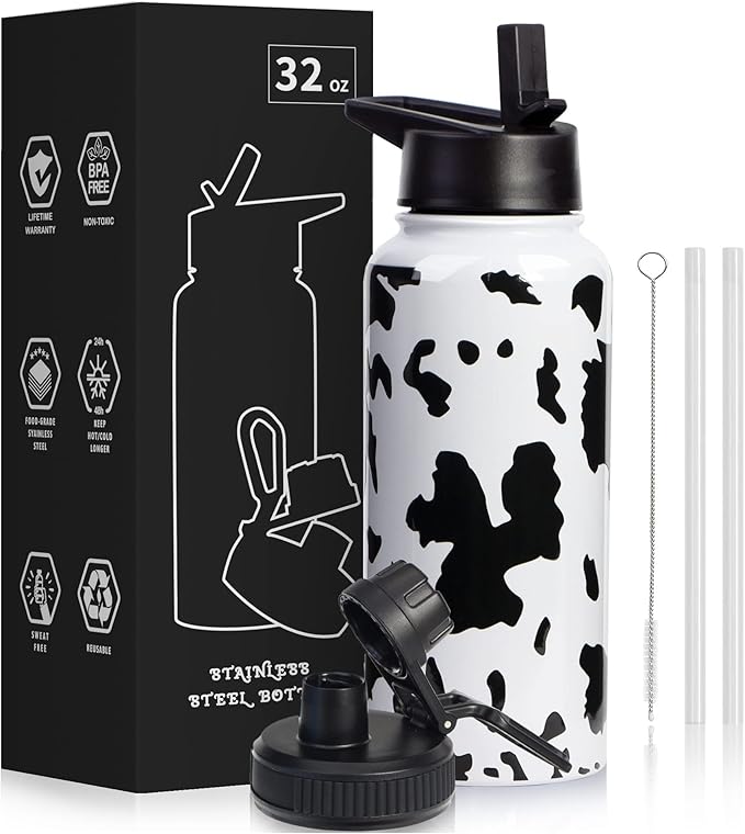32oz Cow Print Vacuum Insulated Stainless Steel Water Bottles with Straw & Spout Lids, Double Wall Sport Bottle, Sweat-Proof BPA Free, Canteen Metal Thermo Mug Hydro Jug, Cow Print Stuff Gifts