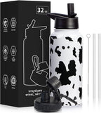 32oz Cow Print Vacuum Insulated Stainless Steel Water Bottles with Straw & Spout Lids, Double Wall Sport Bottle, Sweat-Proof BPA Free, Canteen Metal Thermo Mug Hydro Jug, Cow Print Stuff Gifts