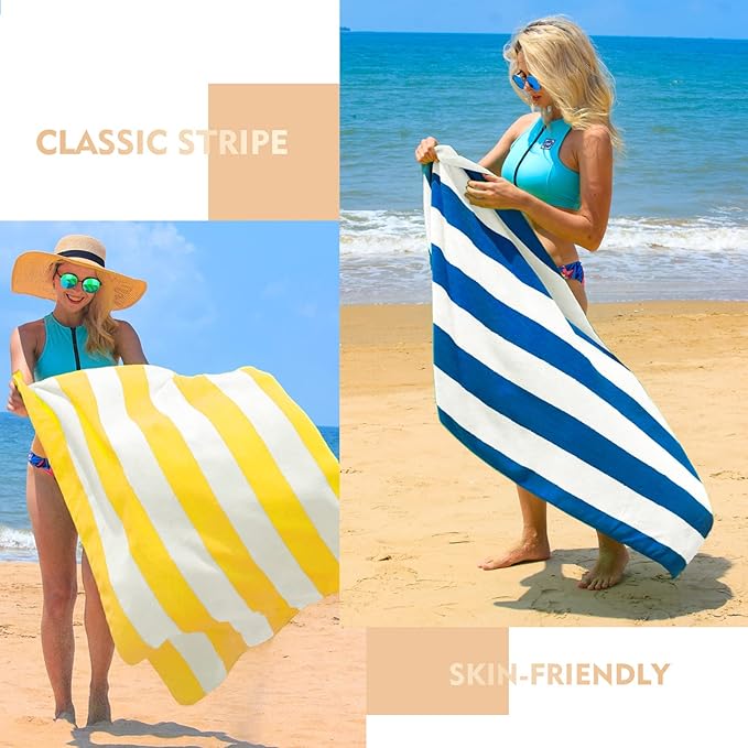 Exclusivo Mezcla 2 Pack Cotton Large 30x60 Inches Cabana Stripe Beach Towels, Super Absorbent Soft Plush Pool Towel Bath Towel (Ocean Blue)