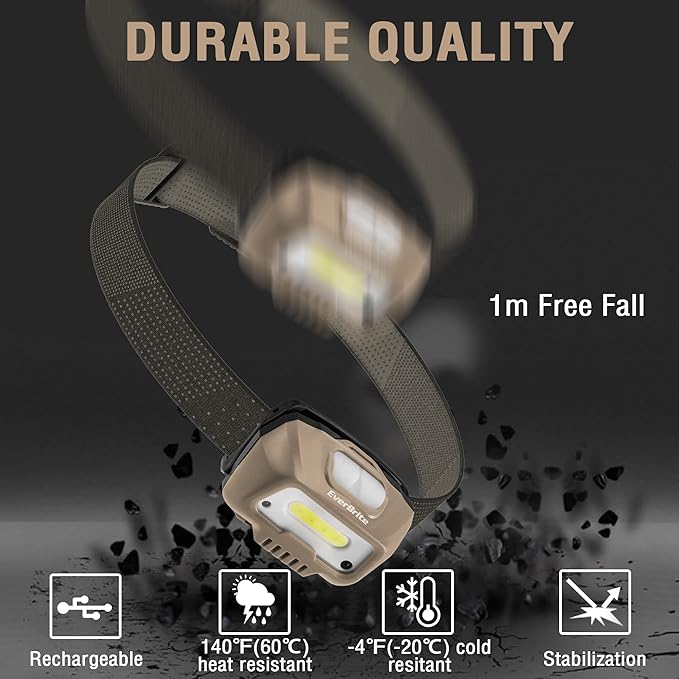 EverBrite Rechargeable Headlamp, LED Bright Motion Sensor Head Lamp Flashlight with 6 Modes, Adjustable Headlight for Adults with White Red Light, Water Resistant, Khaki, for Hiking, Running, Camping