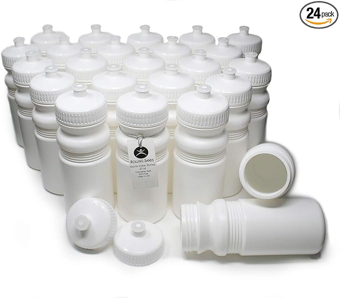 Rolling Sands USA Made 20 Ounce Sports Water Bottles - 24-Pack Bulk BPA-Free Blank Sports Bottles for Teams & Classrooms - White Bottle/White Lid, No Smell No Taste