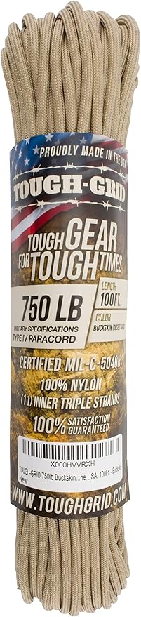 TOUGH-GRID Paracord Rope 750 lbs Nylon Parachute Cord, Made in USA Survival Kit, Outdoor Adventures, Camping, Tactical Gear & Emergency Supplies, Military Type IV Mil-Spec