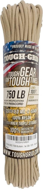 TOUGH-GRID Paracord Rope 750 lbs Nylon Parachute Cord, Made in USA Survival Kit, Outdoor Adventures, Camping, Tactical Gear & Emergency Supplies, Military Type IV Mil-Spec