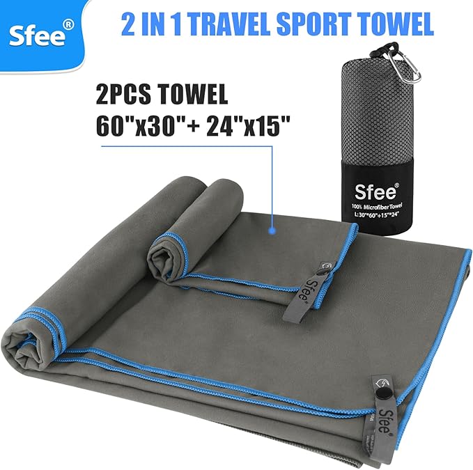 Sfee 2 Pack Microfiber Travel Towel, Quick Dry Camping Towel Large Beach Towel Super Absorbent Compact Lightweight Sports Gym Towels for Yoga, Gym, Hiking, Pool, Backpacking, Bath