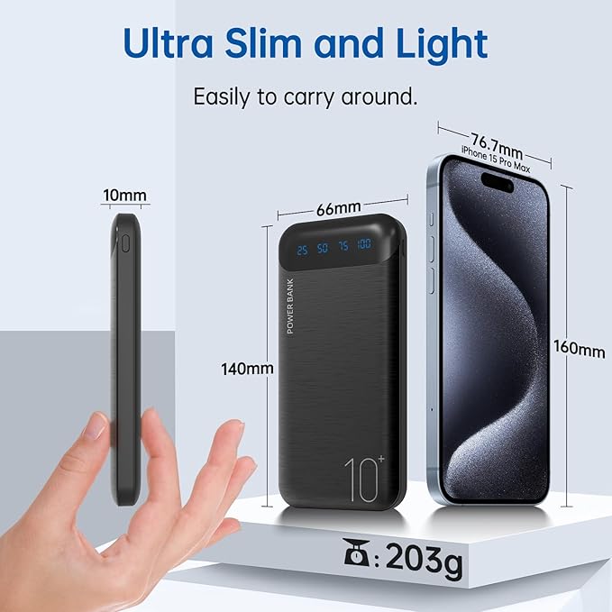 YOBON Power Bank 2 Pack 10000mAh Portable Charger with 2 USB 2.4A Outputs & USB C in/Out Slim Battery Pack for Huawei iPhone 16 15 14 13 12 iPad Samsung Galaxy Android Tablet