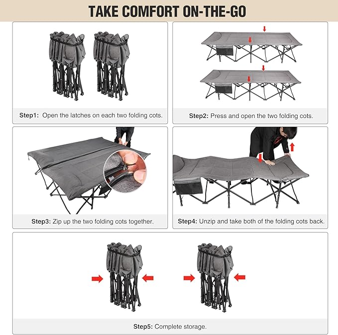 REDCAMP 2 Person Extra Wide Camping Cots for Adults 500lbs, 59" W Oversized Heavy Duty Sleeping Cots, XXXL Cots Portable for Indoor Office Outdoor, Grey
