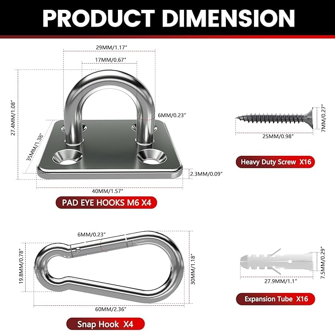 sprookber 304 Stainless Steel Pad Eye Snap Hooks, M6 Heavy Duty Ceiling Hooks, 800 lb Capacity Hammock Swing Hanging kit, Plant Hangers, Marine Hardware Staple Hook Loop with Screws, Set of 8
